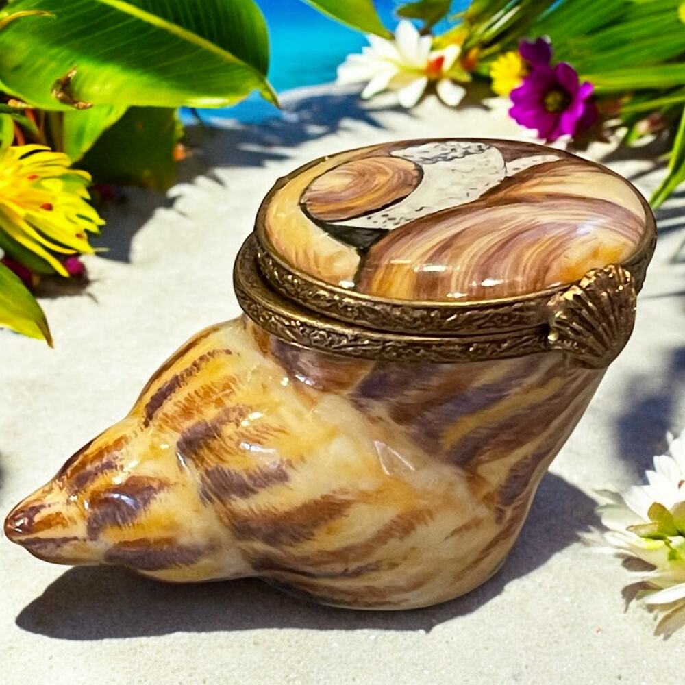 Authentic Limoges Conch Shell Trinket Box, Engagement Ring Box, Pillbox Brown